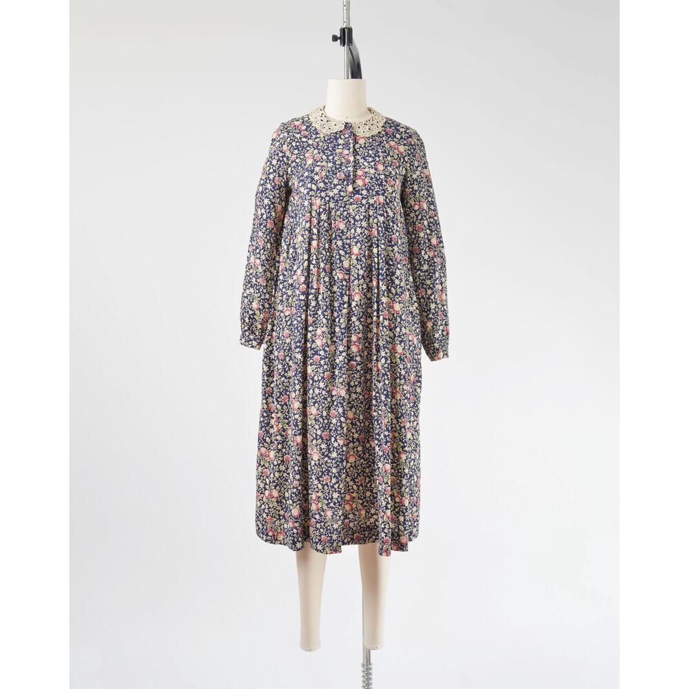 Vintage 70s Floral Babydoll Peter Pan Lace Collared Midi Dress with Pockets S - Picture 2 of 10